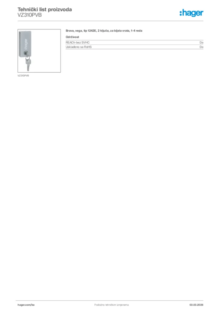 Slika Hager Tehnički list proizvoda VZ310PVB  | Hager