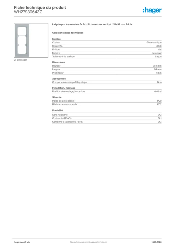 Image Hager Fiche technique du produit WH27930643Z | Hager Suisse