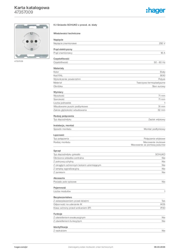 Zdjęcie Hager Karta katalogowa 47357009 | Hager Polska