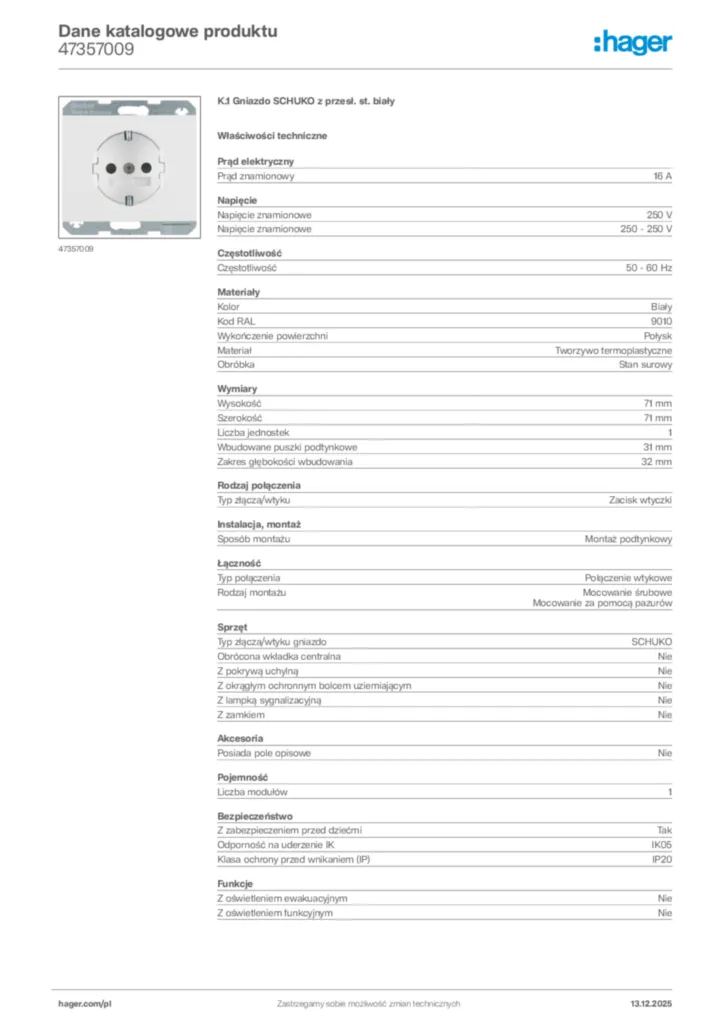Zdjęcie Hager Karta katalogowa 47357009 | Hager Polska