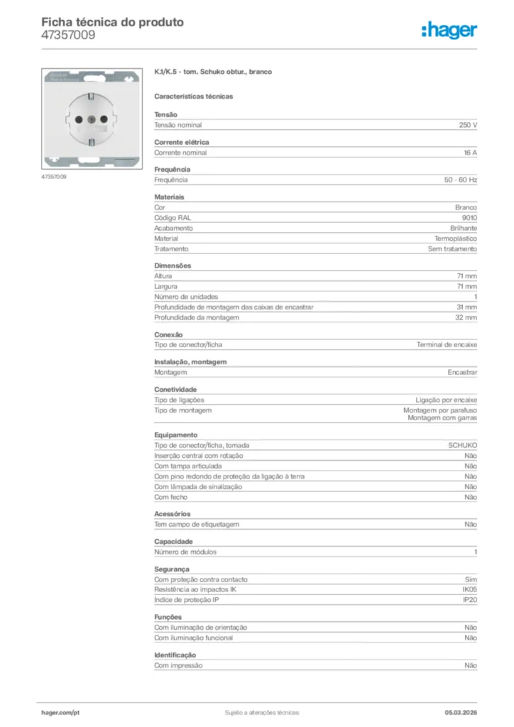 Imagem Hager Ficha técnica do produto 47357009 | Hager Portugal
