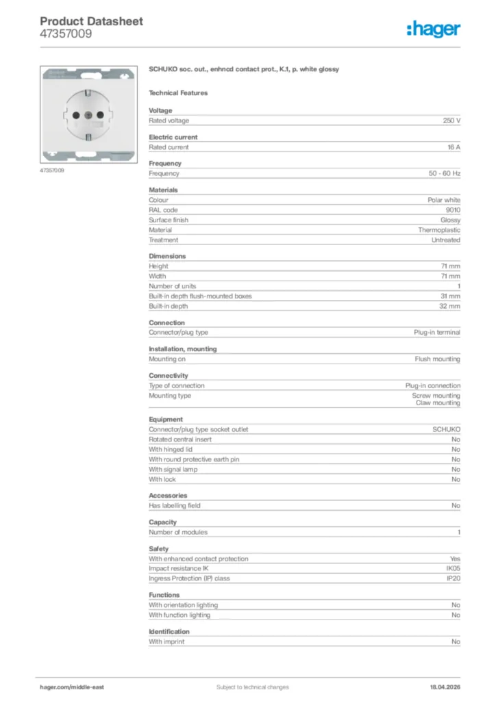 Image Hager Product data sheet 47357009  | Hager