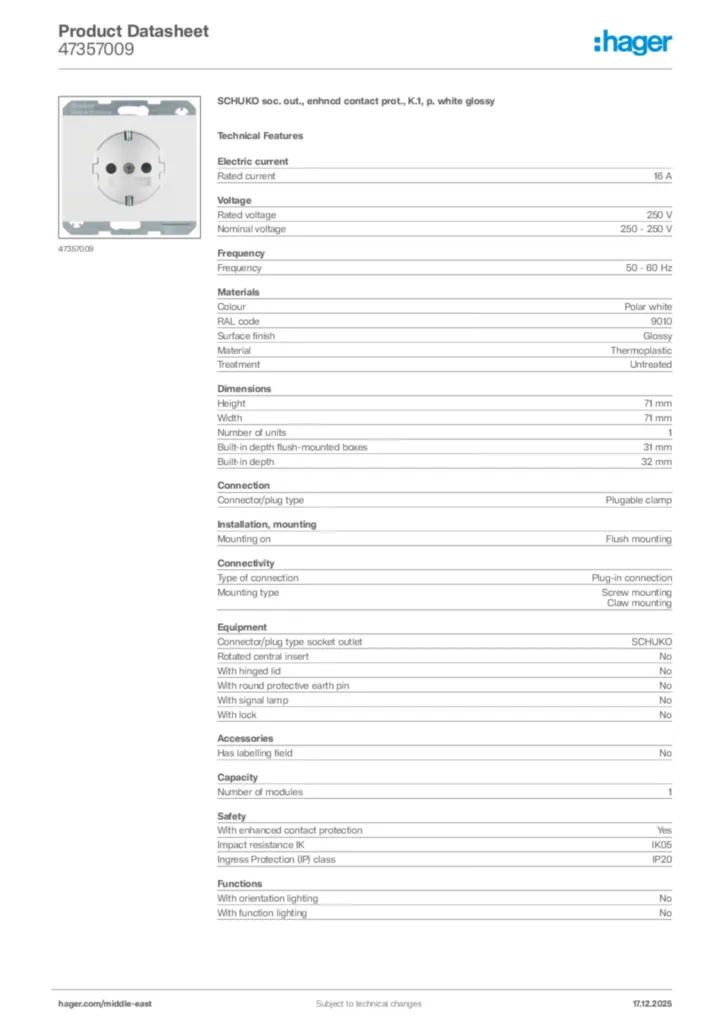 Image Hager Product data sheet 47357009  | Hager
