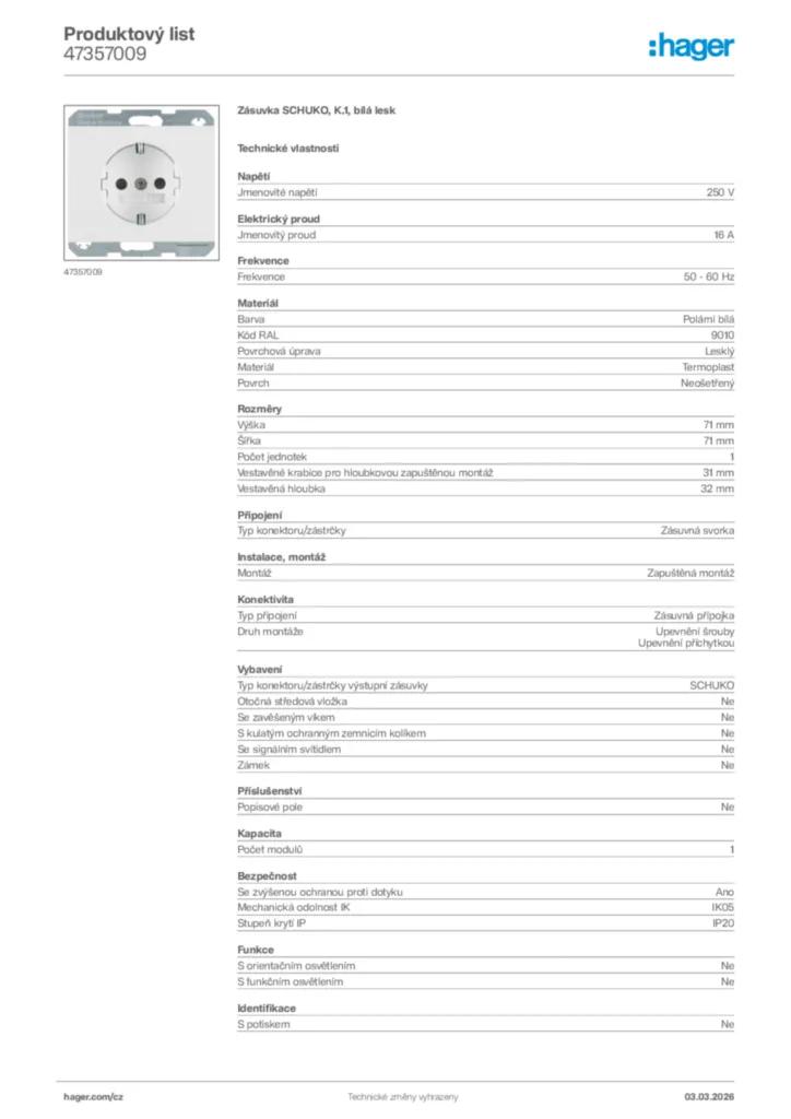 Obrázek Hager Product data sheet 47357009 | Hager