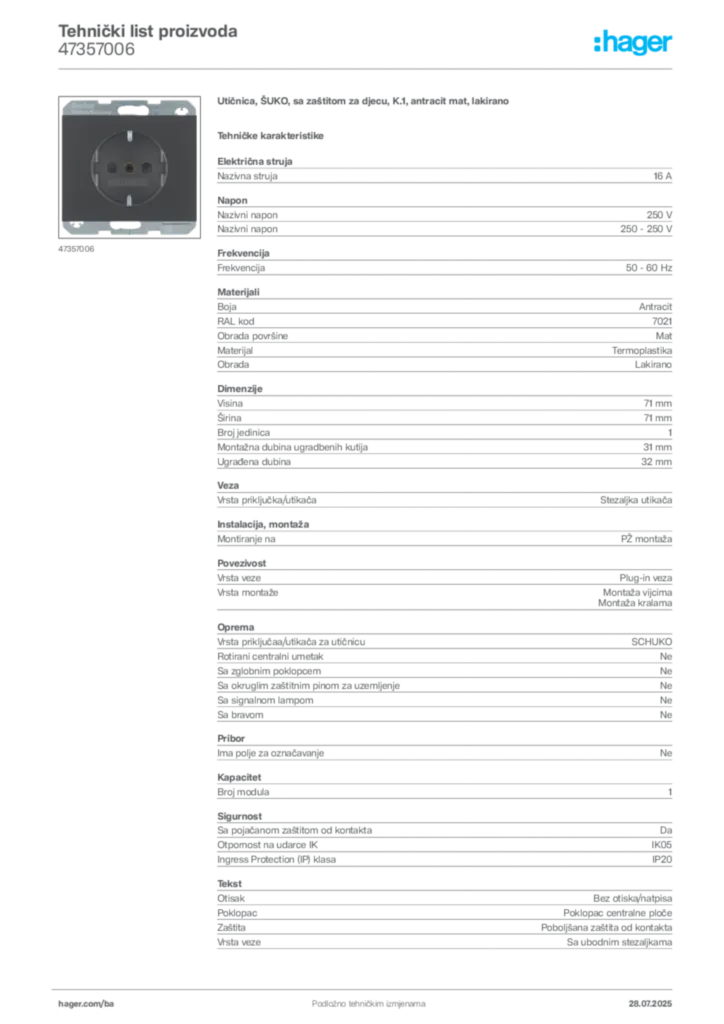 Slika Hager Product data sheet 47357006  | Hager
