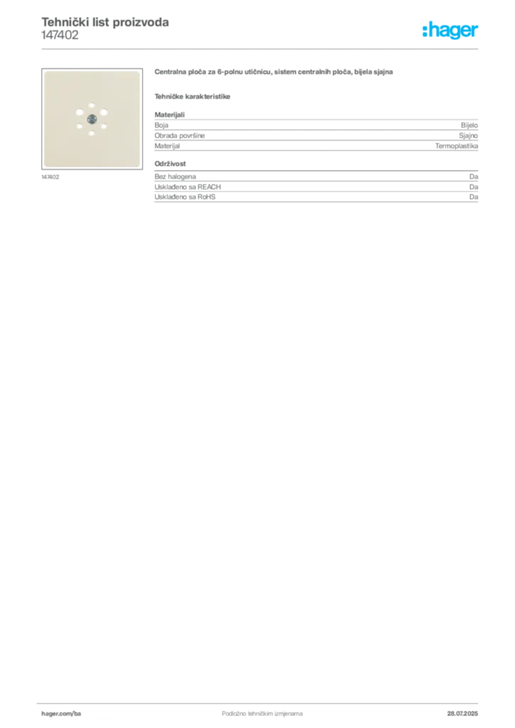 Slika Hager Product data sheet 147402  | Hager