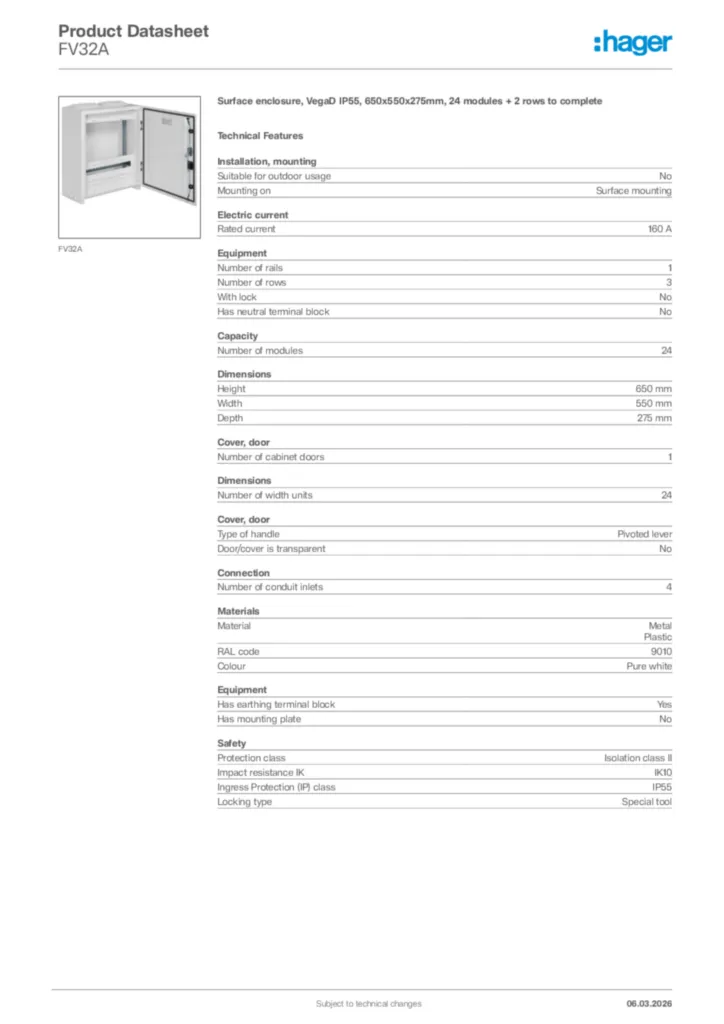 Image Hager Product data sheet FV32A  | Hager Africa