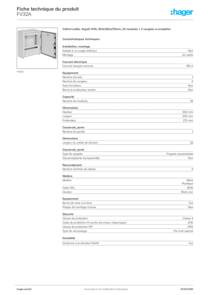 Image Hager Fiche technique du produit FV32A | Hager France