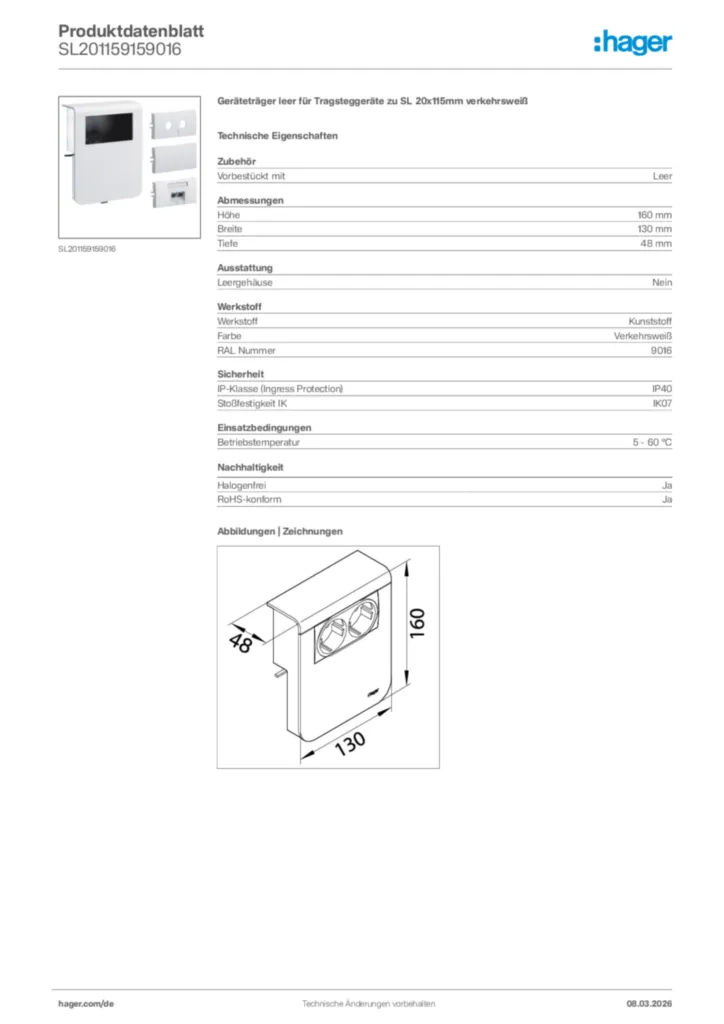Bild Hager Produktdatenblatt SL201159159016 | Hager Deutschland