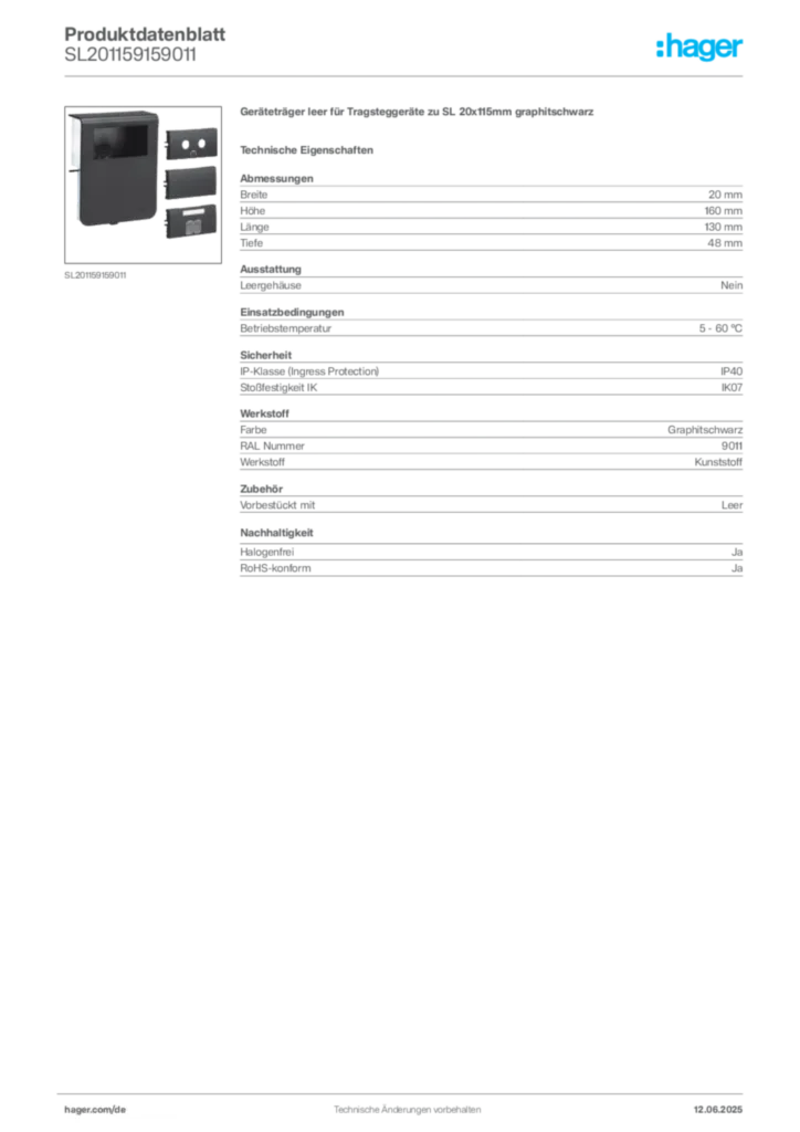 Bild Hager Produktdatenblatt SL201159159011 | Hager Deutschland