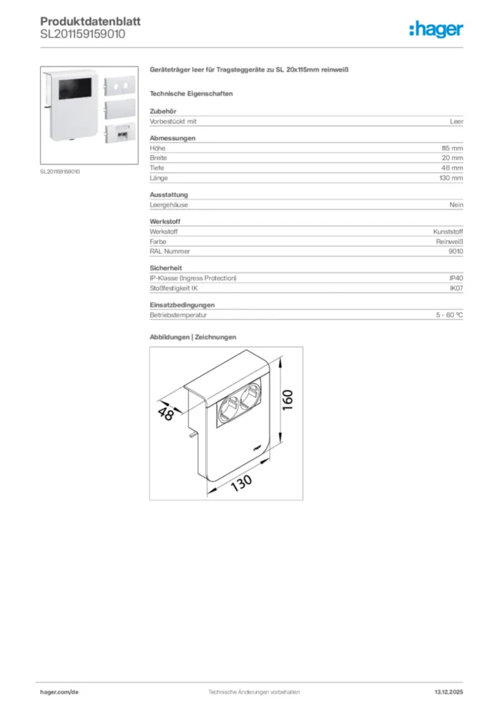 Bild Hager Produktdatenblatt SL201159159010 | Hager Deutschland