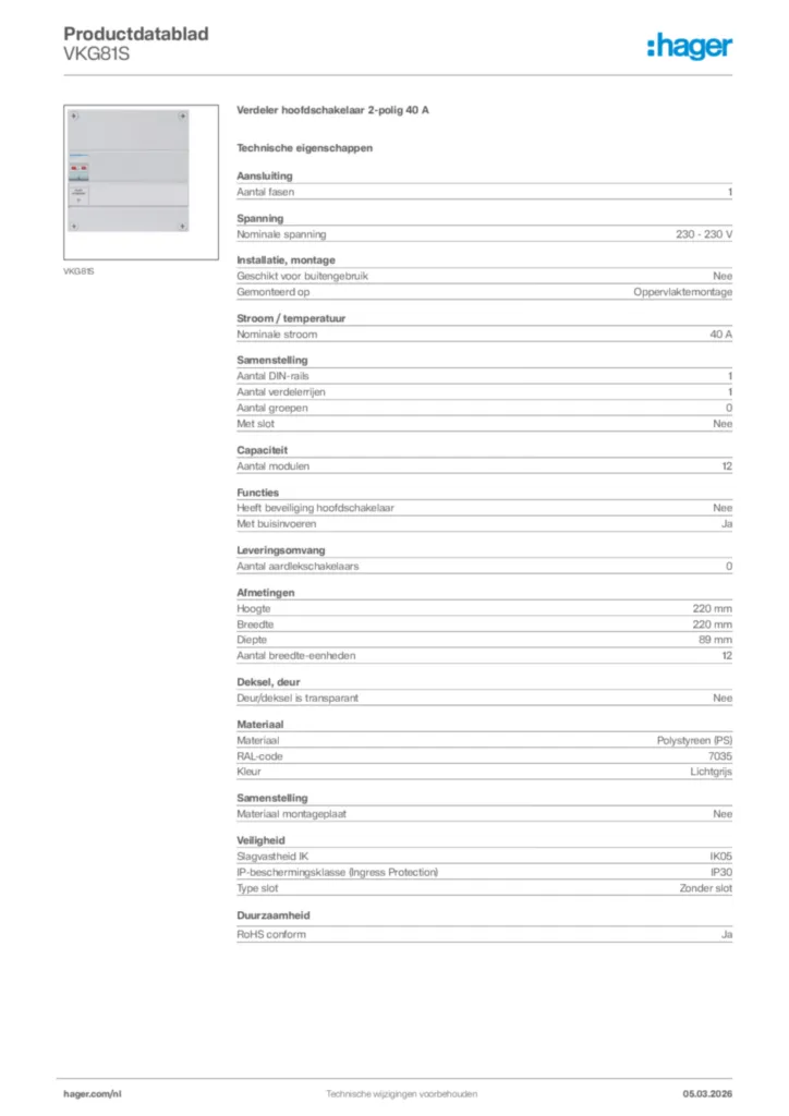Afbeelding Hager Productdatablad VKG81S | Hager Nederland
