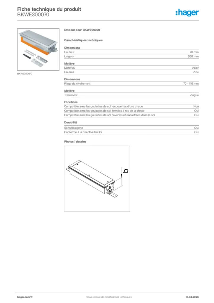 Image Hager Fiche technique du produit BKWE300070 | Hager France