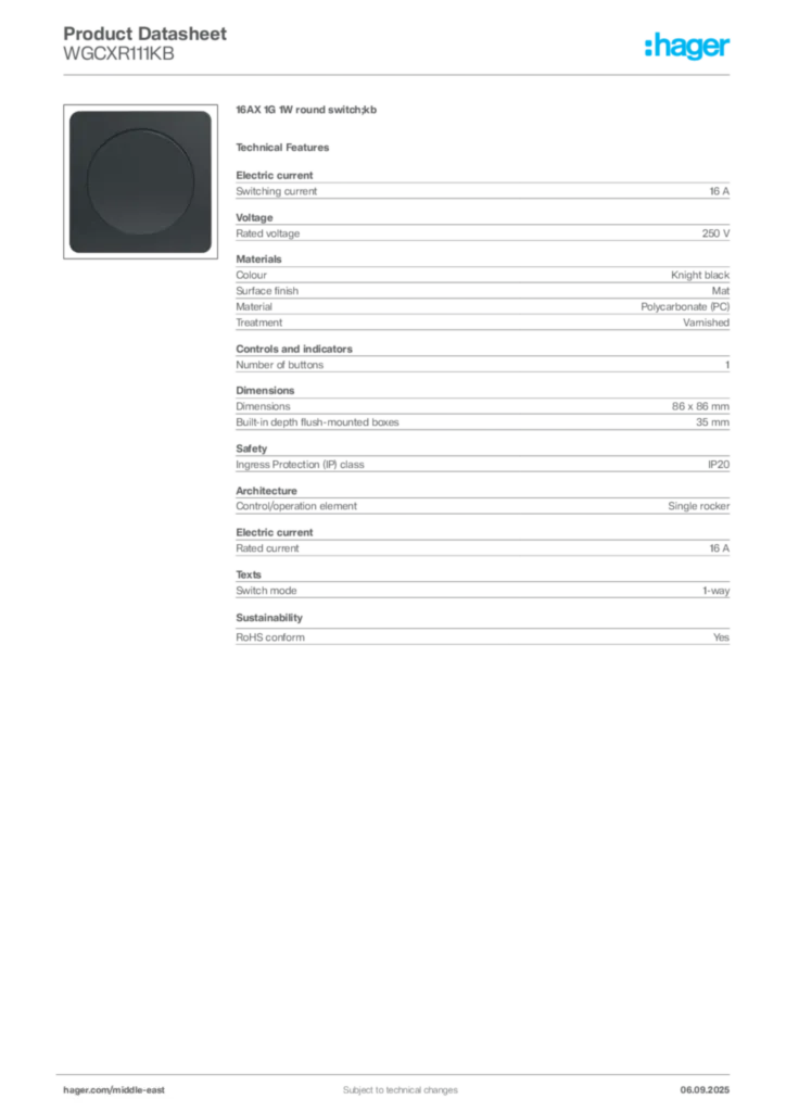 Image Hager Product data sheet WGCXR111KB  | Hager