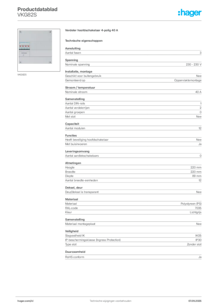 Afbeelding Hager Productdatablad VKG82S | Hager Nederland