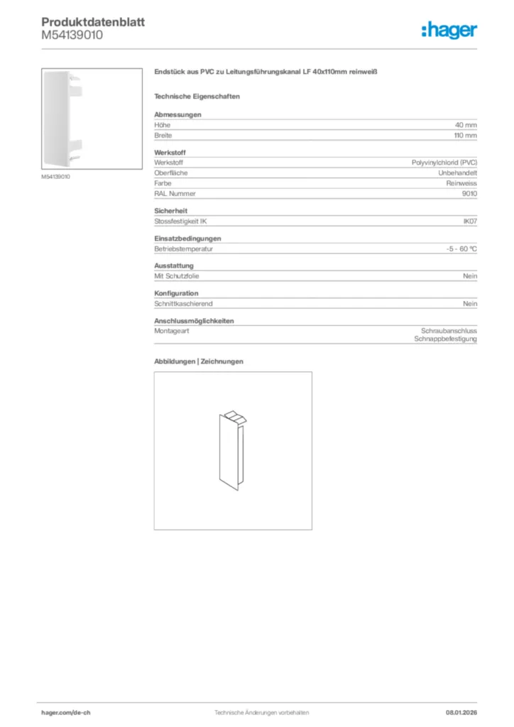 Bild Hager Produktdatenblatt M54139010 | Hager Schweiz
