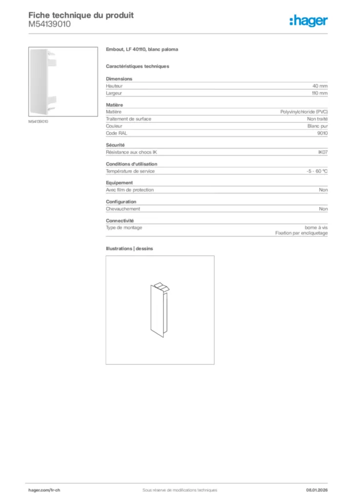 Image Hager Fiche technique du produit M54139010 | Hager Suisse
