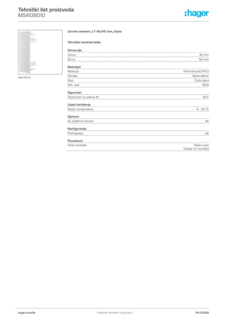 Slika Hager Product data sheet M54139010  | Hager