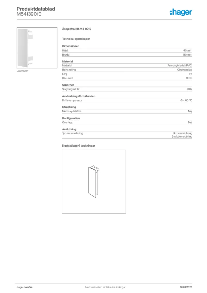 Bild Hager Produktdatablad M54139010 | Hager Sverige