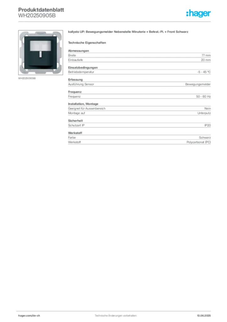 Bild Hager Produktdatenblatt WH20250905B | Hager Schweiz