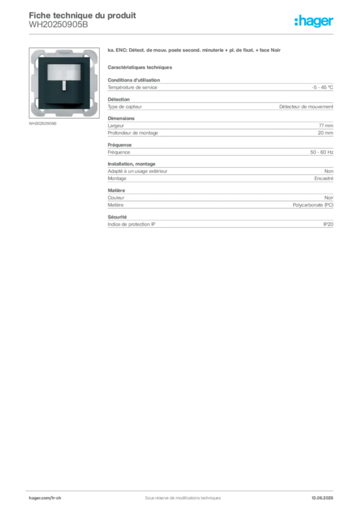 Image Hager Fiche technique du produit WH20250905B | Hager Suisse