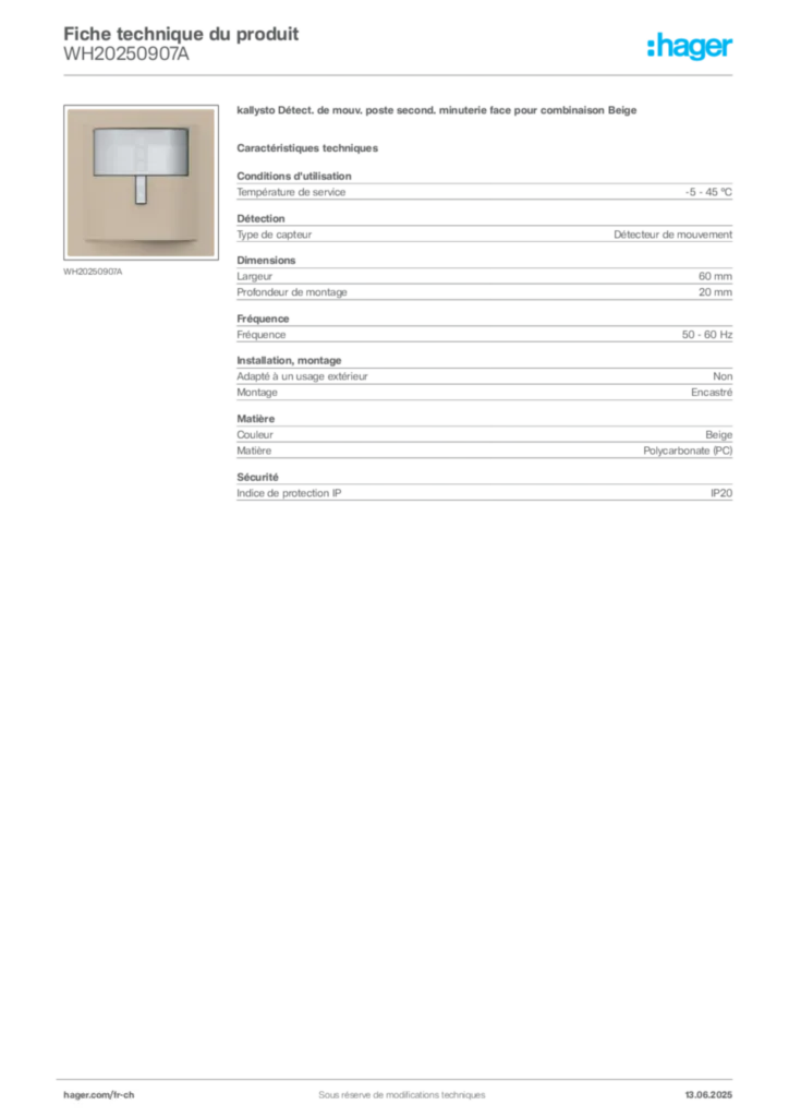 Image Hager Fiche technique du produit WH20250907A | Hager Suisse