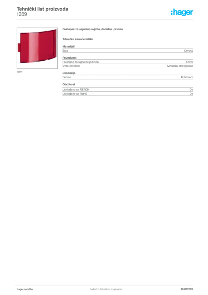 Slika Hager Product data sheet 1289  | Hager