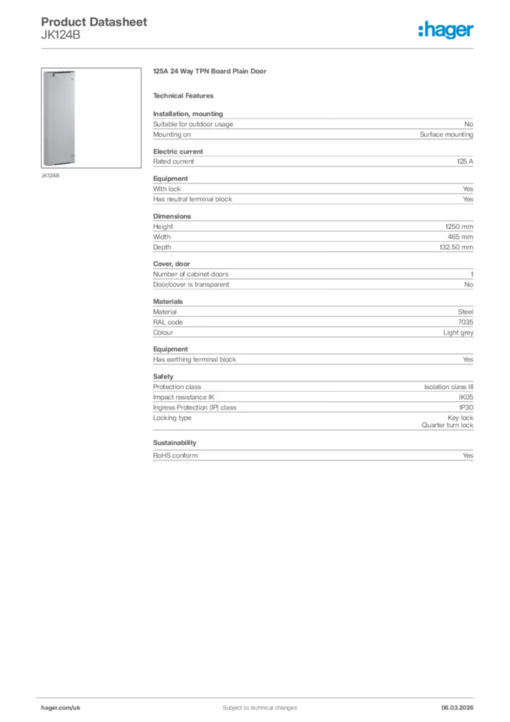 Image Hager Product data sheet JK124B  | Hager