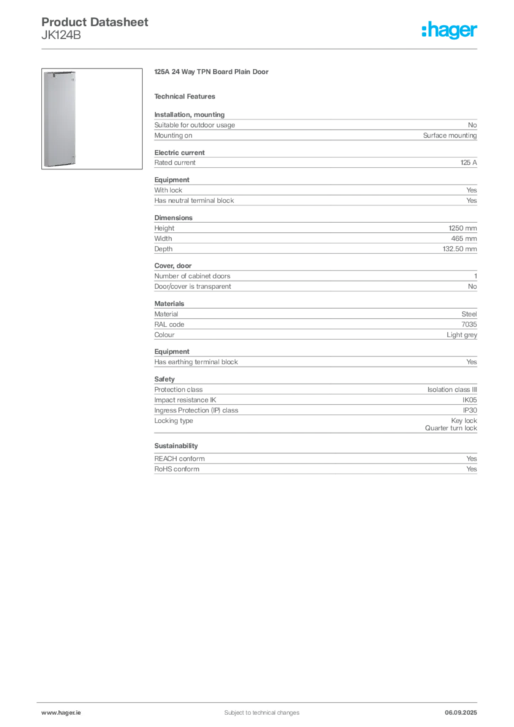 Image Hager Product data sheet JK124B  | Hager