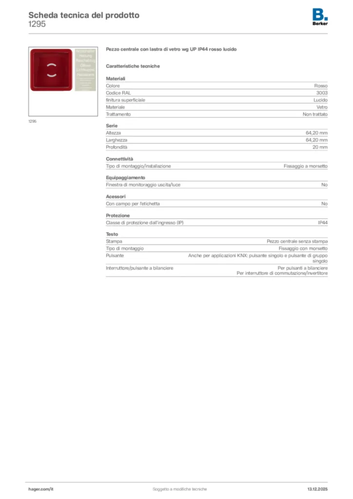 Immagine Berker Scheda tecnica del prodotto 1295 | Hager Italia