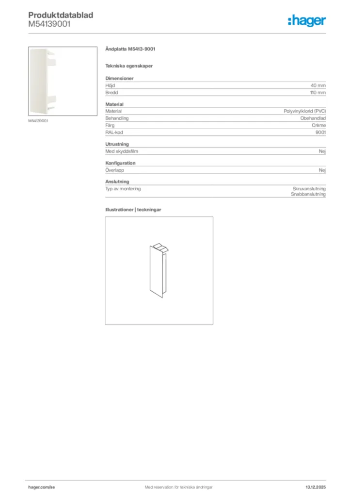 Bild Hager Produktdatablad M54139001 | Hager Sverige