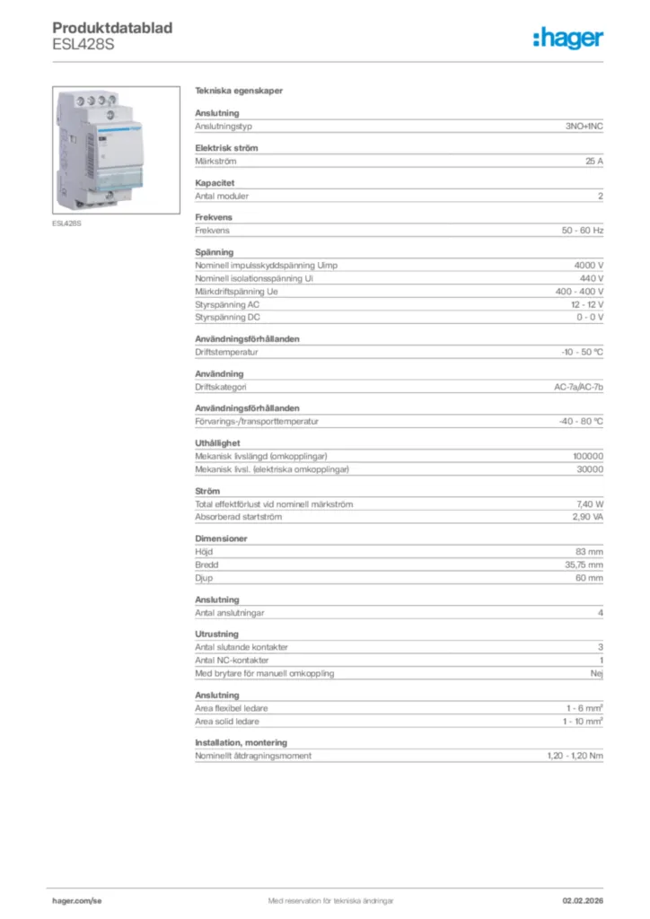 Bild Hager Produktdatablad ESL428S | Hager Sverige