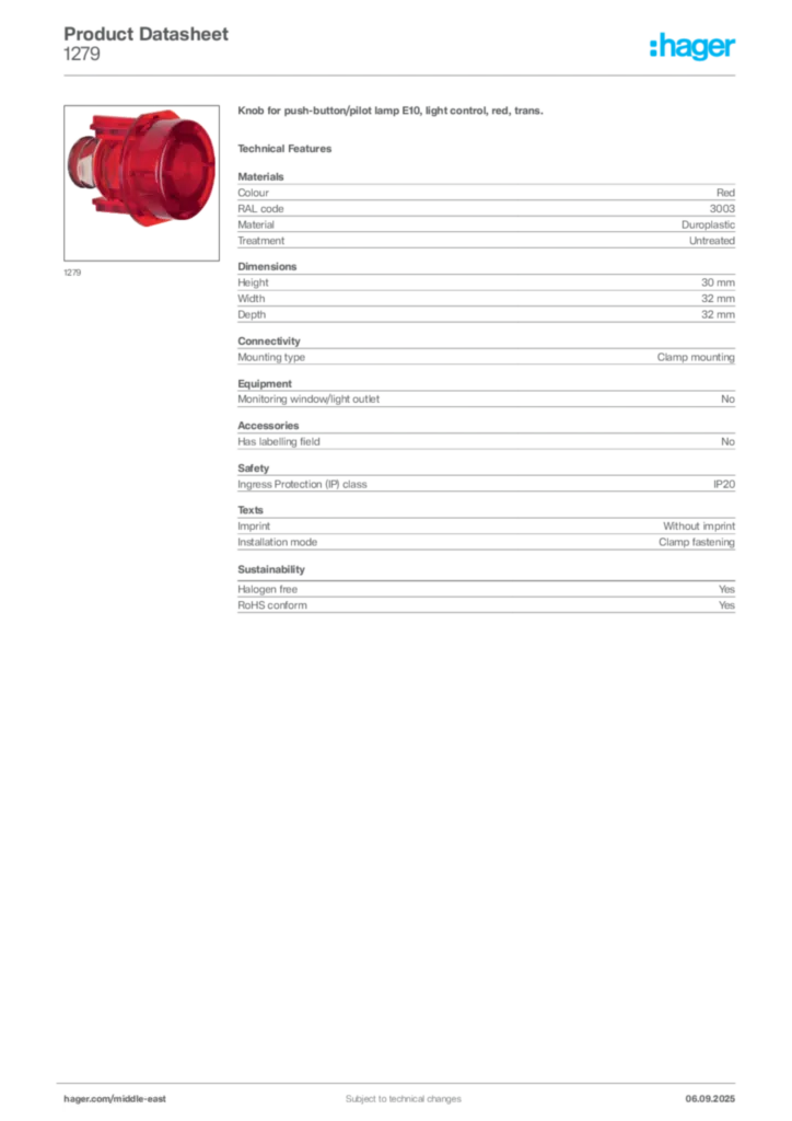 Image Hager Product data sheet 1279  | Hager