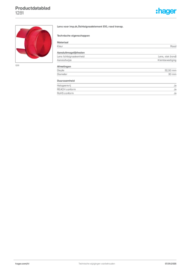 Afbeelding Hager Productdatablad 1281 | Hager Nederland