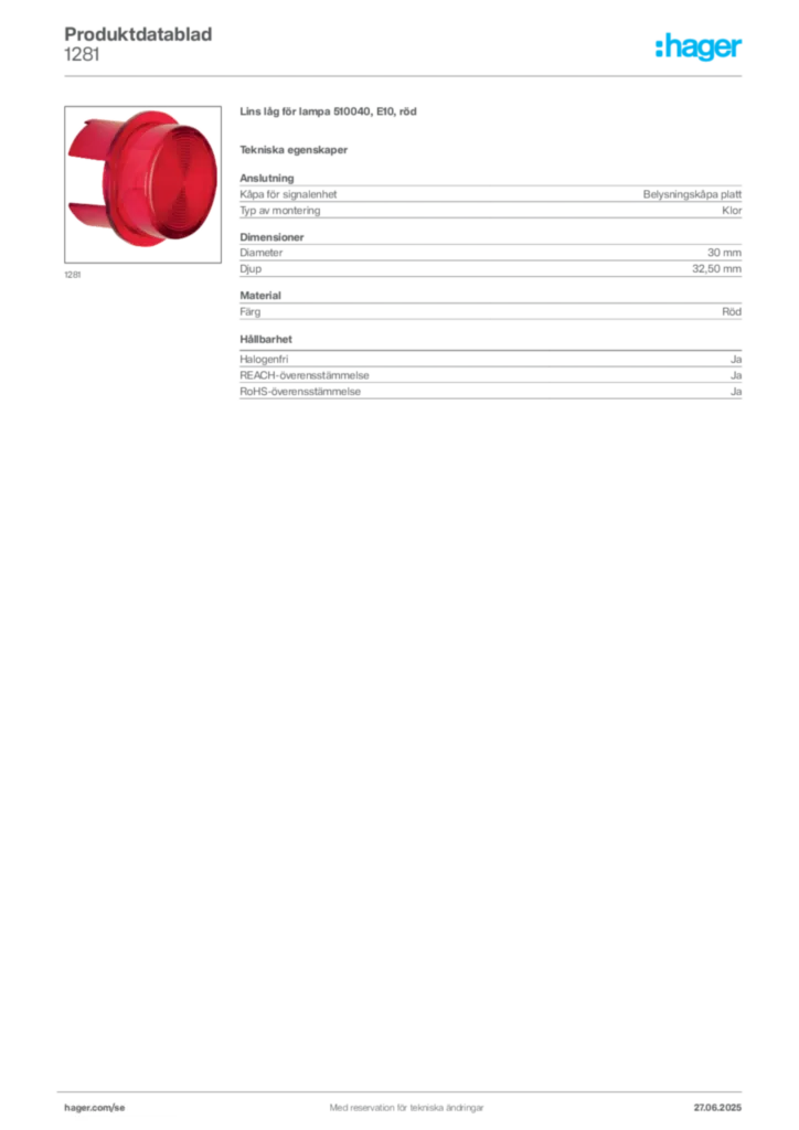 Bild Hager Produktdatablad 1281 | Hager Sverige