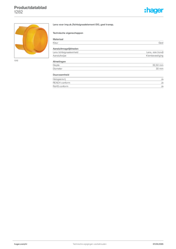 Afbeelding Hager Productdatablad 1282 | Hager Nederland