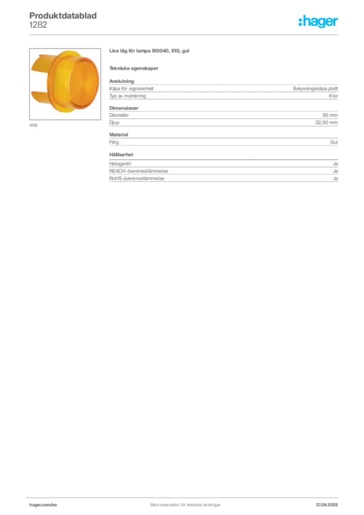 Bild Hager Produktdatablad 1282 | Hager Sverige