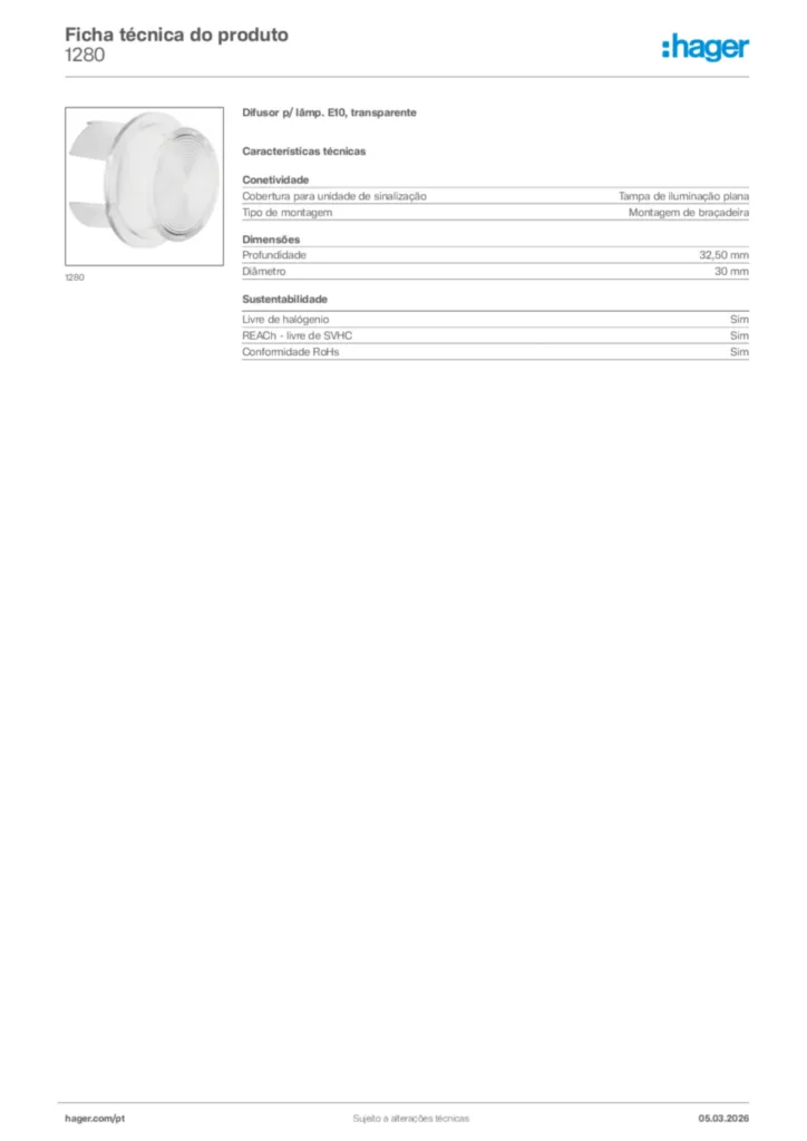 Imagem Hager Ficha técnica do produto 1280 | Hager Portugal