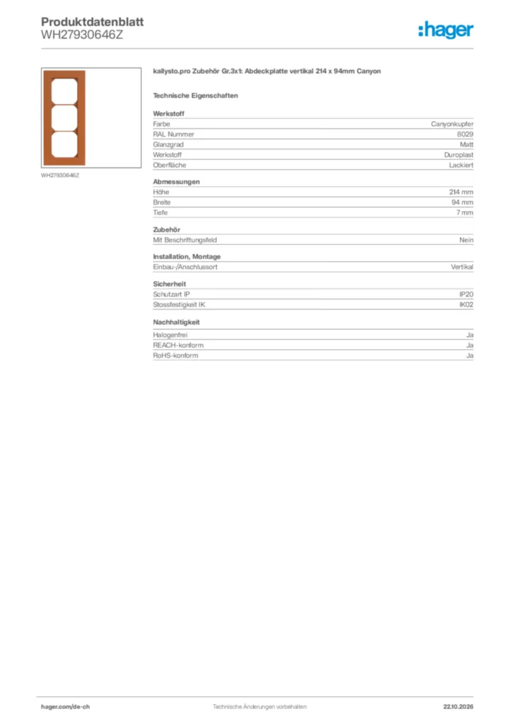 Bild Hager Produktdatenblatt WH27930646Z | Hager Schweiz