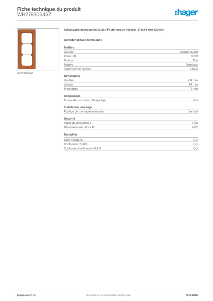 Image Hager Fiche technique du produit WH27930646Z | Hager Suisse