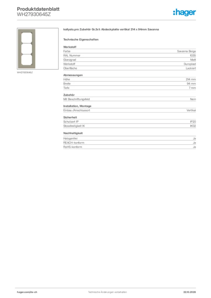 Bild Hager Produktdatenblatt WH27930645Z | Hager Schweiz