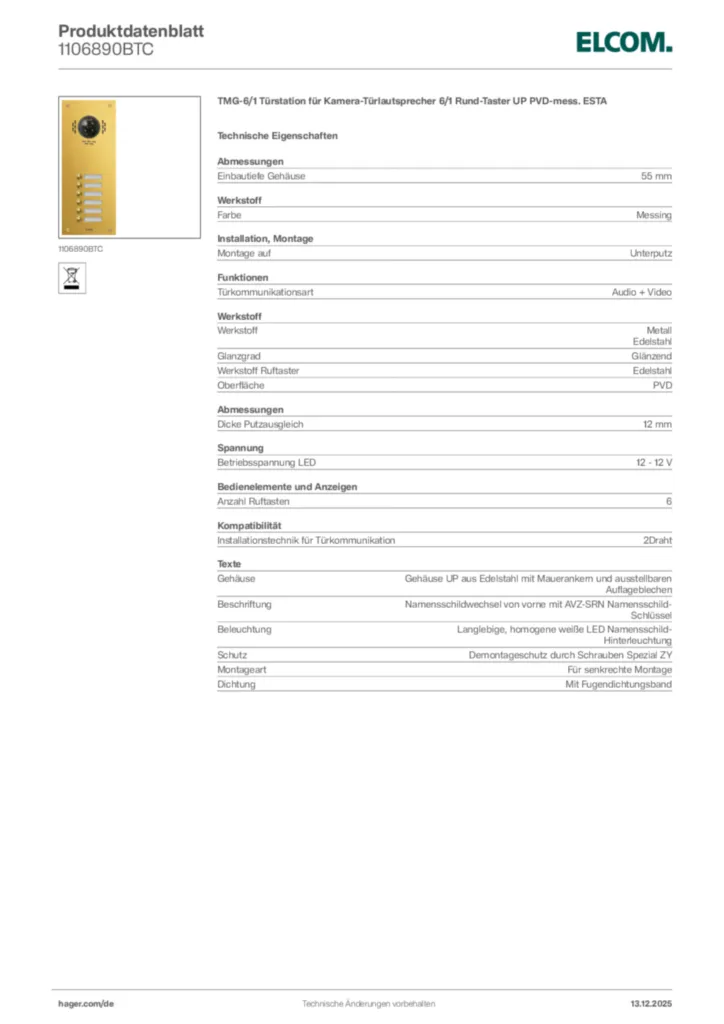 Bild Elcom Produktdatenblatt 1106890BTC | Hager Deutschland