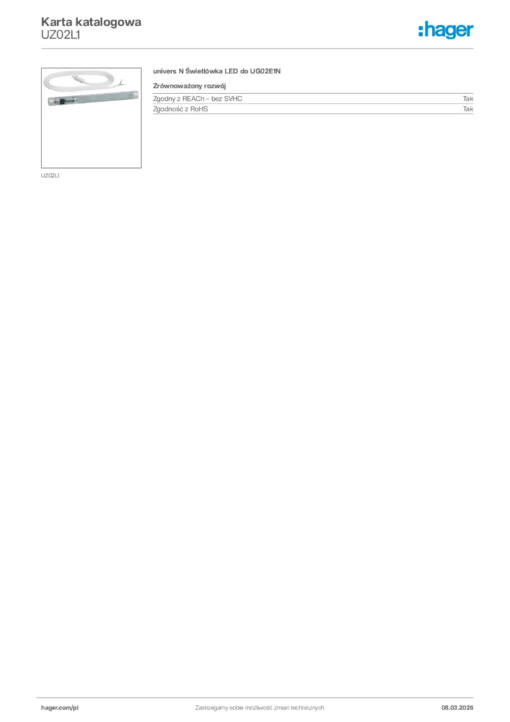 Zdjęcie Hager Karta katalogowa UZ02L1 | Hager Polska