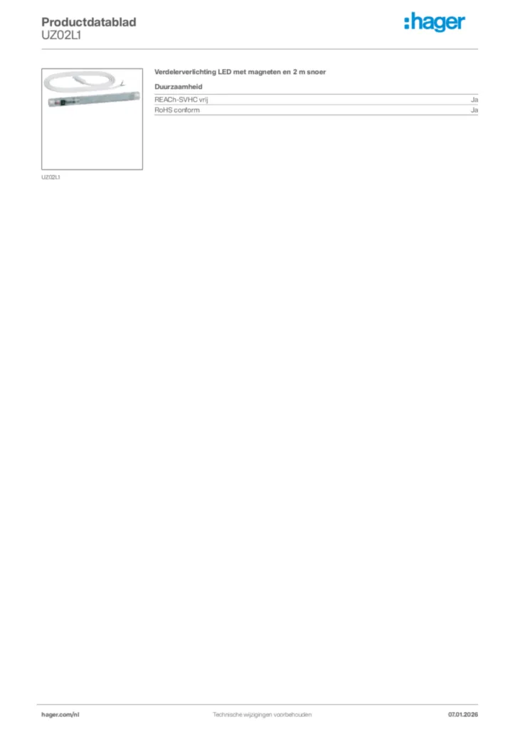 Afbeelding Hager Productdatablad UZ02L1 | Hager Nederland