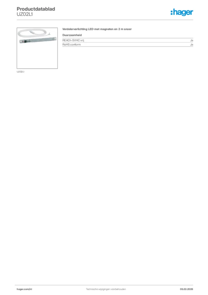 Afbeelding Hager Productdatablad UZ02L1 | Hager Nederland