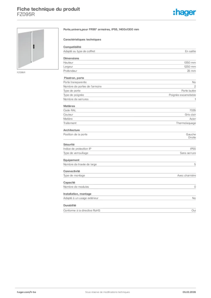 Image Hager Fiche technique du produit FZ095R | Hager Belgique