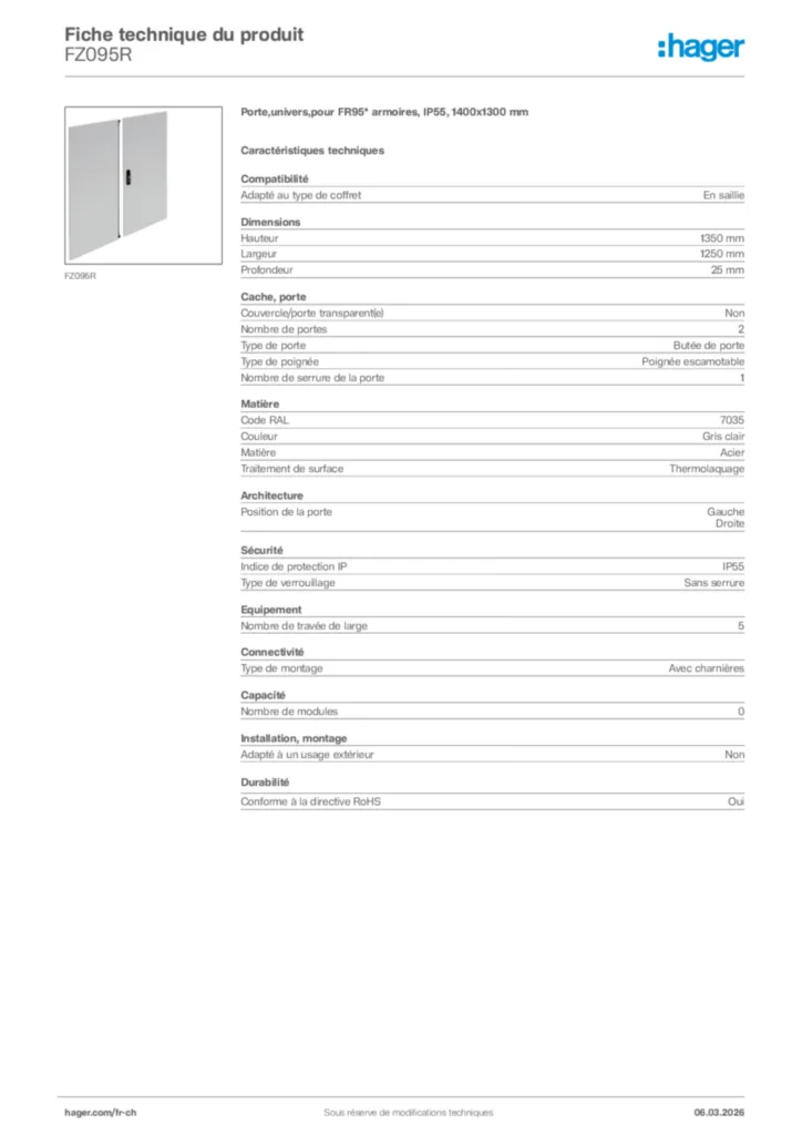 Image Hager Fiche technique du produit FZ095R | Hager Suisse