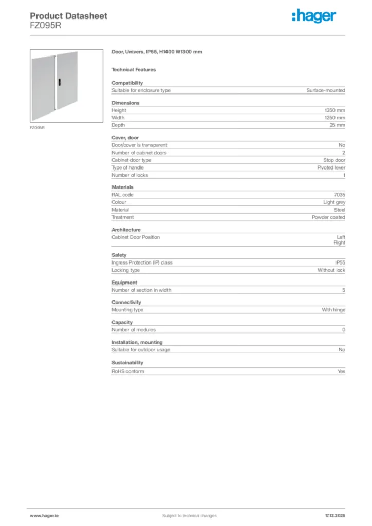Image Hager Product data sheet FZ095R  | Hager