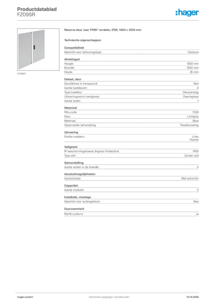 Afbeelding Hager Productdatablad FZ095R | Hager Nederland