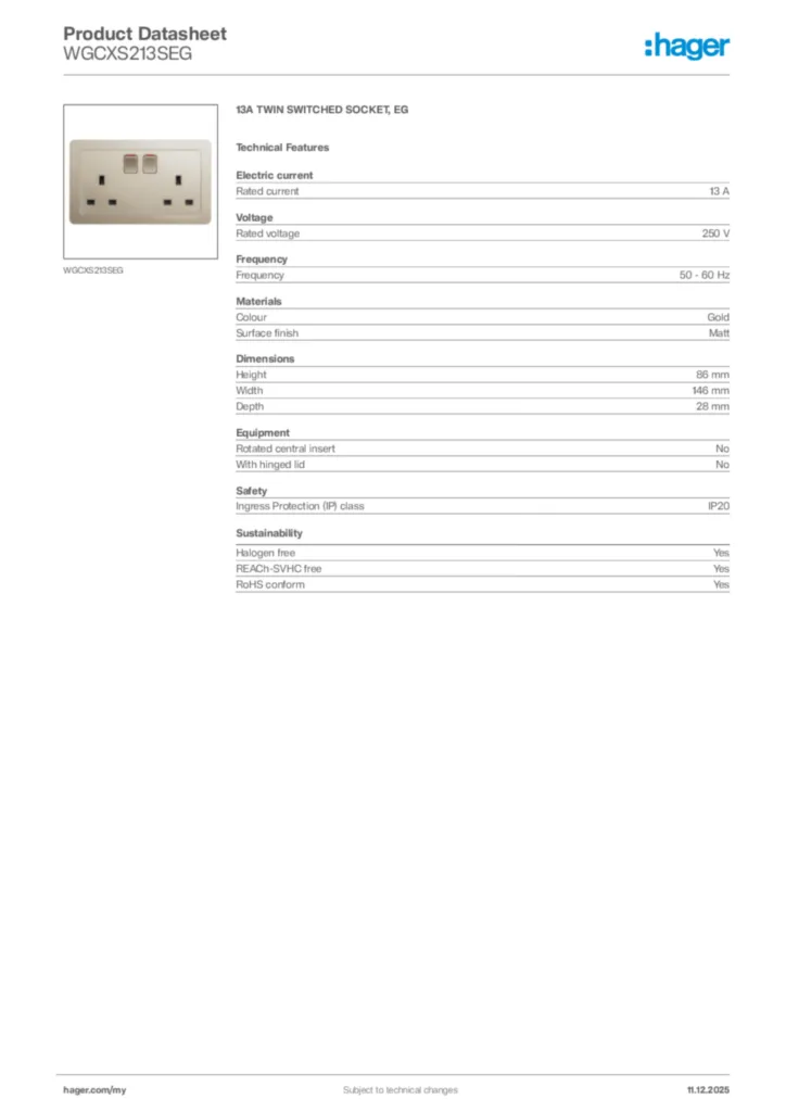 Image Hager Product data sheet WGCXS213SEG  | Hager